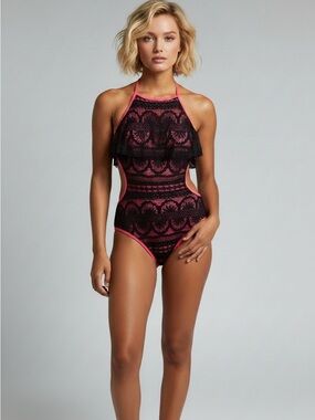 <NWT> No Boundaries Pink and Black Lace Halter One-Piece Swimsuit | Size M